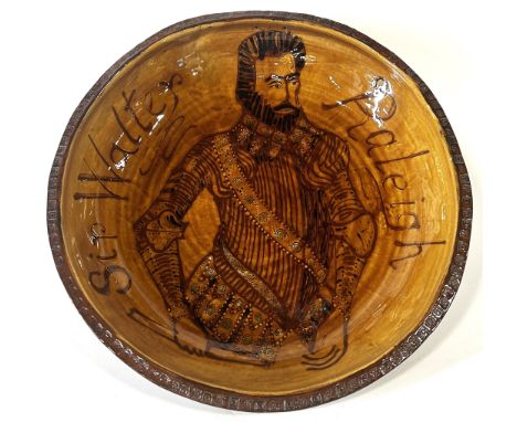 Dr Allan Peacey Studio Pottery - Substantial charger depicting a portrait of Sir Walter Raleigh within a decorated border, si