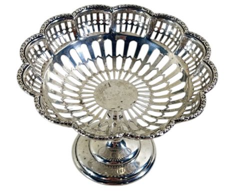 A glass lined petal shaped silver bonbon dish with openwork bowl in a flared base, maker Mappin &amp; Webb, 2.6oz