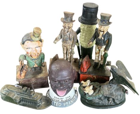 Money Boxes : American themed, two Uncle Sam’s, a Stump Speaker, a  Mr Peanut in a top hat, a Bald Eagle, Mississippi Paddle 