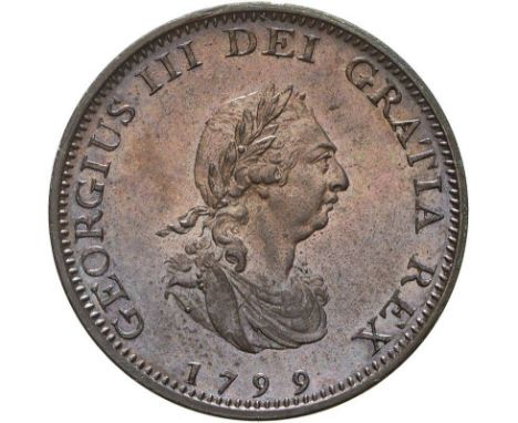 GREAT BRITAIN. George III, 1760-1820. Copper farthing, 1799. Proof. Laureate and draped bust facing right, date below. Legend