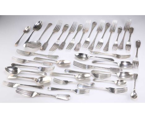 A QUANTITY OF ASSORTED SILVER-PLATED FLATWARE comprising table forks, table spoons, dessert forks, dessert spoons, etc. (Qty)