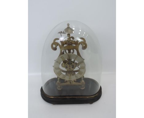 Skeletal Brass Mantel Clock on Plinth with Glass Dome - No Pendulum 