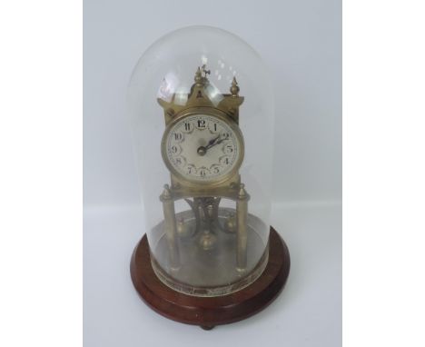 German Brass Anniversary Clock Under Glass Dome A/F 