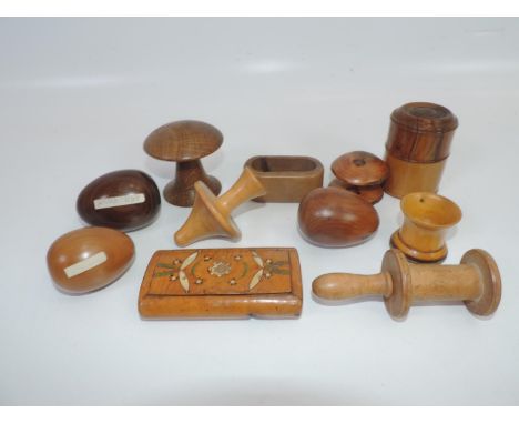 A Selection of Victorian Treen including an Olive Wood Inkwell, Snuff Box, 2x Mushrooms, an Egg Cup, Napkin Ring, Sewing Impl