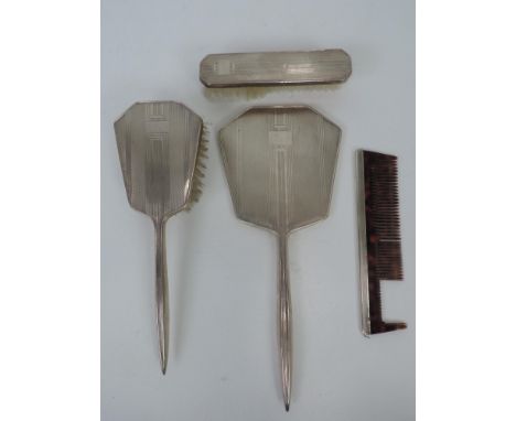 Art Deco Sterling Silver Dressing Table Brushes and Hand Mirror - Engine Turned Design with Vacant Cartouche - Clothes Brush,