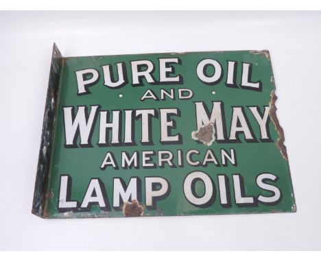 Double Sided Vintage Enamel Sign - White May Lamp Oils - 13" x 10" 
