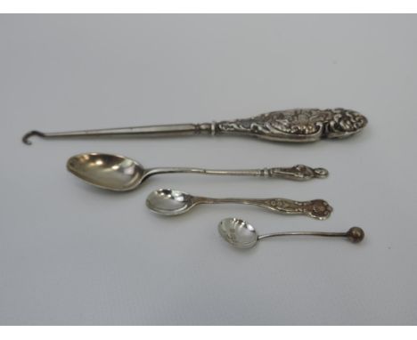 3x Sterling Silver Spoons and a Birmingham Silver Handled Button Hook 