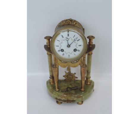 Good Quality Art Deco Brass and Onyx Mantel Pendulum Clock with Enamelled Face and Key - Seen Working 
