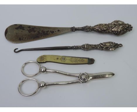 Silver Handled Button Hook and Shoe Horn Ivory Pocket Knife and Pair of Silver Plated Grape Scissors 