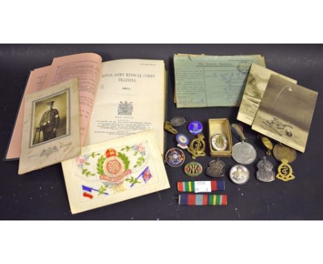 Militaria - Royal Army Medical Corps; Notts and Derby; Silver ARP badges; cap badges; silk postcard; etc