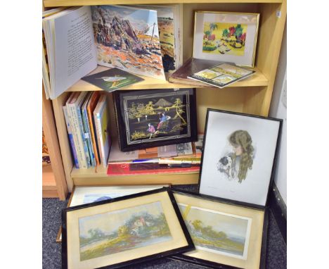 Art - Clifford Saber, Desert Rats sketch book; other tutorial books; etc; Japanese lacquered photograph album; framed prints;