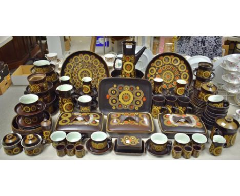 A comprehensive Denby Arabesque dinner service, including vegetable dishes and covers; coffee pot; tea pot; plates; fruit bow