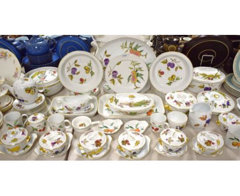 A Royal Worcester Evesham part dinner and tea service, including vegetable dishes, teapot, soup bowls, serving platter, etc
