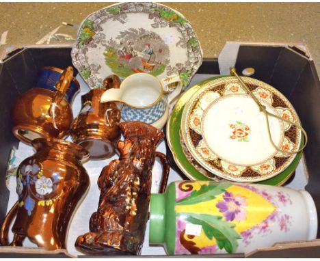 A Victorian copper lustre jug, others similar; an opaque glass vase, hand painted; a Spode sandwich plate; a New Chelsea Belp