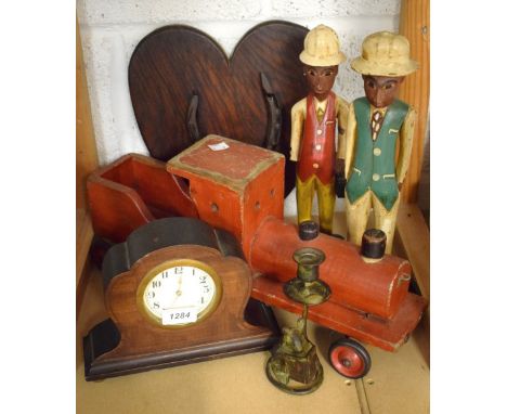 A scratch built model train; a bronzed mouse figural candlestick, mantle clock; a pair of colonial figures; etc