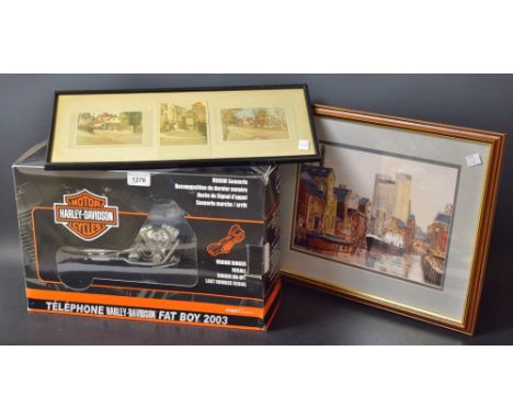 A novelty Harley Davidson telephone, Fat Boy 2003, boxed;  two prints