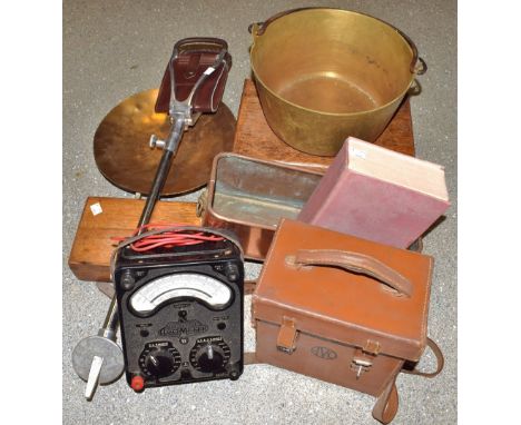 Boxes and Objects - brass jam pan; copper trough; shooting stick; Universal Avo Meter, etc