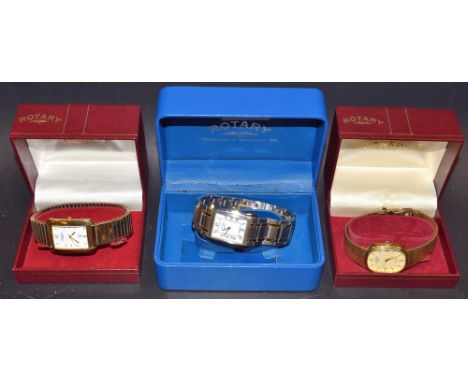 A Rotary day/date wristwatch, boxed with papers; two others, similar, both boxed and with papers