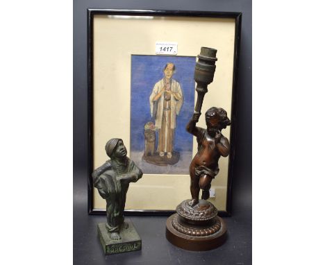 English School (early 20th century)Japanese Figuremonogrammed, dated 1924, watercolour; bronzed cherub table lamp; verdigris 