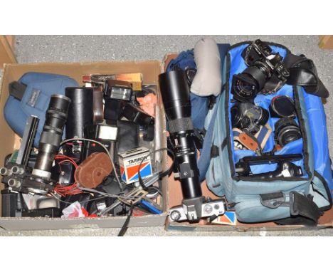 Photography - an Olympus OM-4 35mm camera; an Olympus OM-2 35mm camera; a Tamron zoom lens, cased; an Olympus OM-10; a miniat