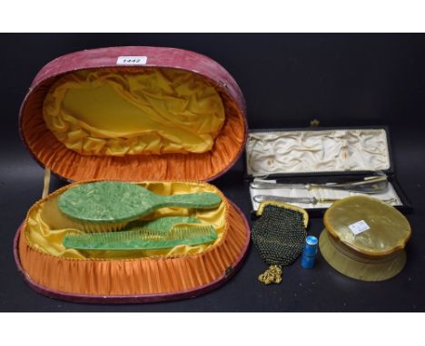 Lady's accessories - engine turned enamelled lipstick; evening purse; button hook and shoe horn, cased; etc