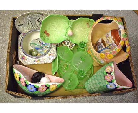 A Maling vase; an Arthur Woods basket; A Maling bowl; A Beswick cruet; an Art Deco green frosted glass dressing table set; ot