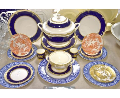 Ceramics - Royal Worcester Diplomat tureen and cover; Royal Crown Derby gold aves plate, handled dish; red aves plates; other