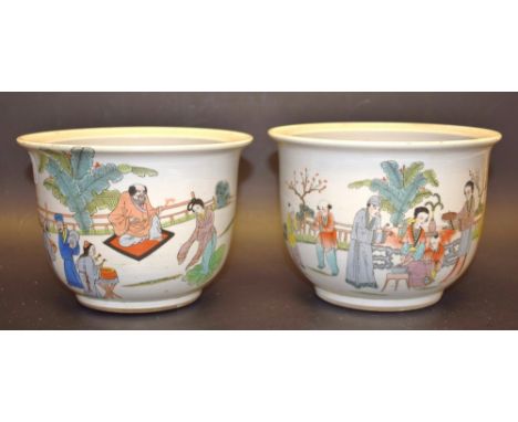 A planter decorarted with an oriental music scene; another similar, 16cm diameter