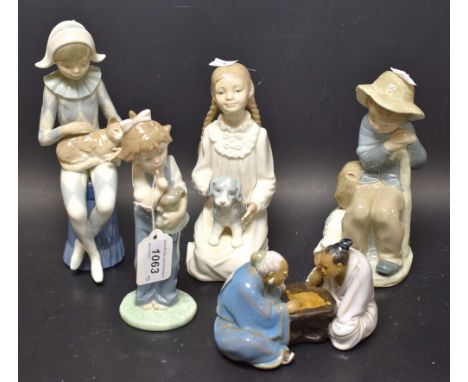 A Nao figure, girl with puppy; others, Harlequin and cat; girl and doll; another; a Chinese pottery chequers