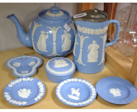 Ceramics - Dudson brothers teapot; decorated in relief with classical maidens; a jug similar; Wedgewood Jasperware; etc