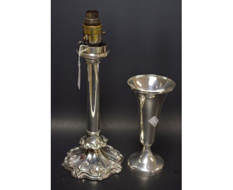 A silver plated 'candlestick' table lamp; a Walker and Hall trumpet vase (2)