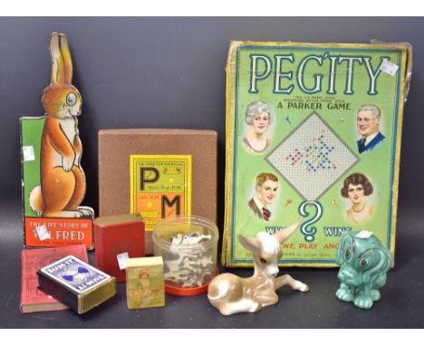 Toys and Juvenalia - The Life Story of Wilfred book; Peg'ity board game; Szeiler ceramic donkey; others