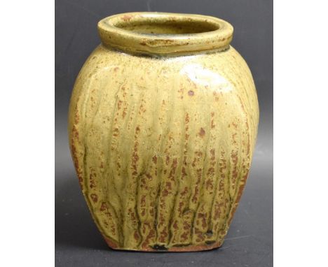 A Leach Studio pottery tapering square waisted vase, designed by Trevor Corser, impressed marks, 16.5cm high