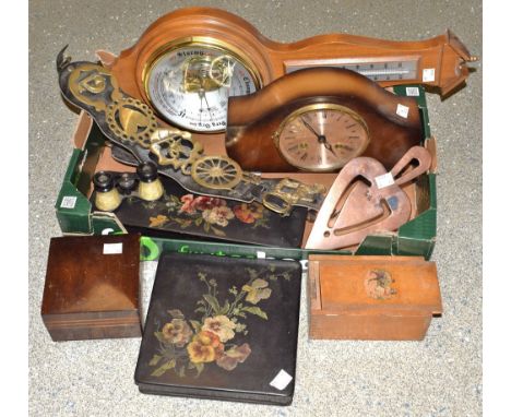 Papier mache glove box; horse brasses; opera glasses; mantel clock; etc