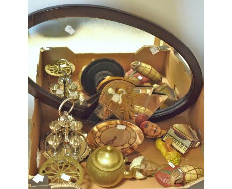 A mahogany oval wall mirror; Bossons figural wall plaques; Smiths mantel clock; EPNS egg cup serving stand; art deco style mi