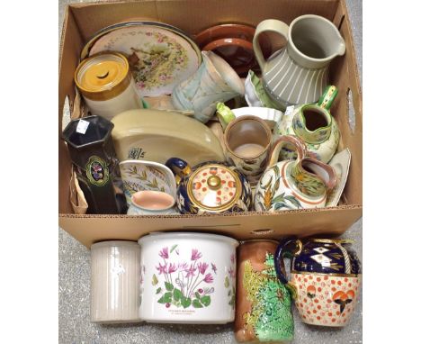 Ceramics - Denby; Portmeirion Botanic Garden planter; a Majolica jug decorated with ferns; a Denby footwarmer; storage jars, 