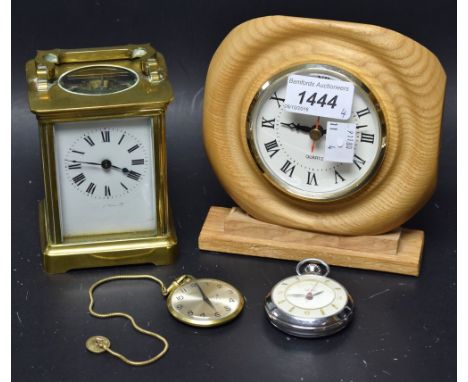 An early 20th century carriage clock; a Smiths pocket watch, another similar; etc (4)
