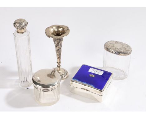 Silver cigarette box, the hinged with blue enamel decoration and a Crown (enamel AF, Birmingham 1937, 8.5cm wide, together wi