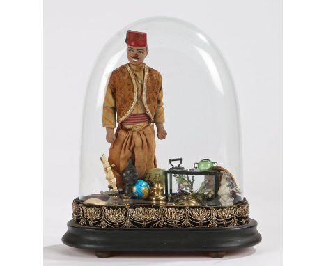 Turkish street pedlar with a range of wares to include divers helmet, taxidermy display case, globe etc. housed under a glass