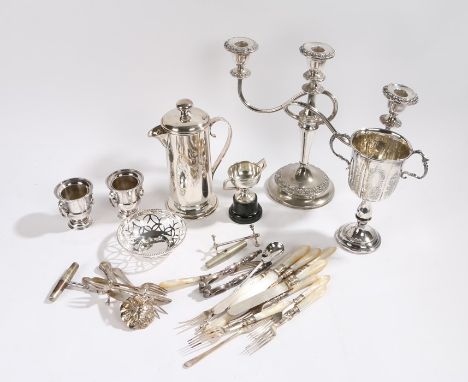 Quantity of mixed silver plate, to include candelabra, twin handled trophy cup, various cutlery, a pierced circular dish, cof