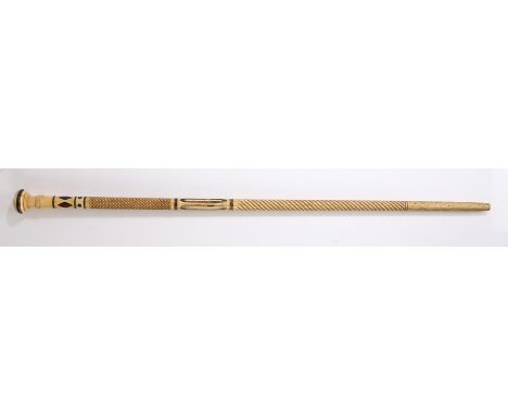 George III whalebone and tortoiseshell walking stick, the turned handle above a section of marine ivory, tortoiseshell inlaid