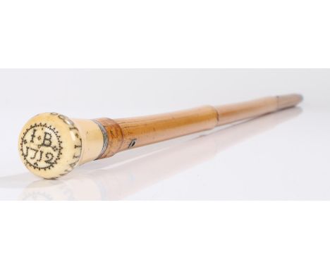 17th Century pique work and marine ivory walking stick/cane, the pique work to the surround spelling the name Edward Carnell,