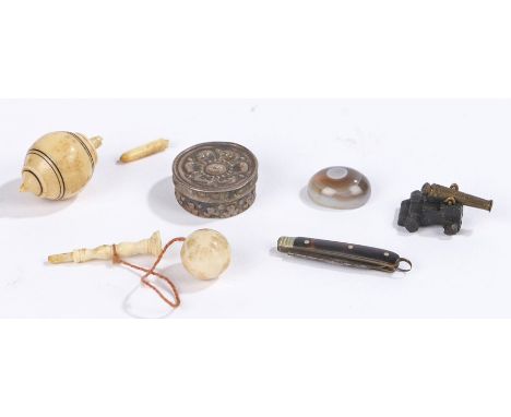 19th Century miniature objects, to include a cannon and carriage, a penknife, a ball and stick, a measure (lacking the tape) 