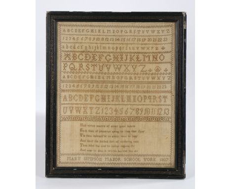 George III sampler, dated 1807, with rows of the alphabet and numbers above a poem and the name Mary Shipton Manor School Yor