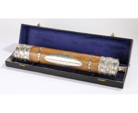 20th Century Indian white metal mounted wooden cylindrical scroll case, " Presented to H.E. Colonel The Right Honble Sir Fran