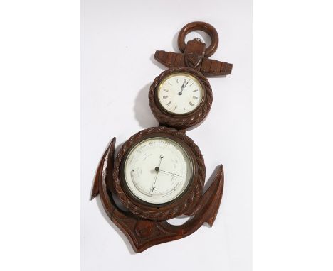 Maritime interest, a clock/barometer with a carved frame as an anchor, the white dials with Roman hours, weather guage to the