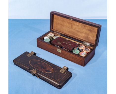 Inlaid mahogany tie press 24cm and a sewing box 26cm