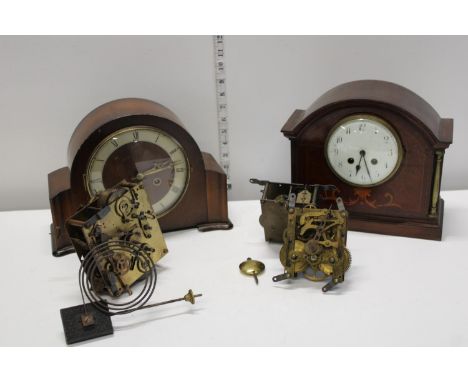 Two vintage wooden mantel clocks and box of clock parts. Postage unavailable 