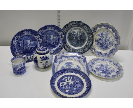 A selection of vintage blue and white ceramics including Italian Spode 