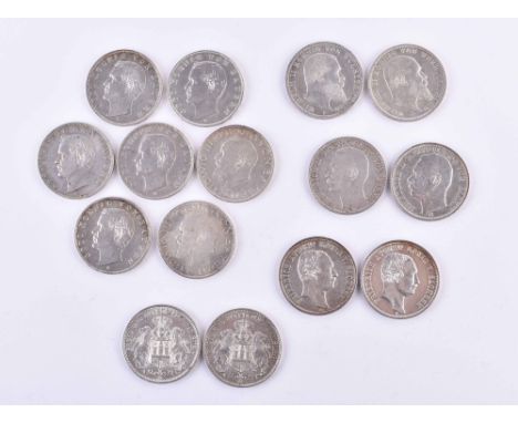 Konvolut 3 Mark Kaiserreich15 Stück, 2 x Baden 1908 und 1914, 7 x Bayern 1909/10 und 1913/14, 2 x Hamburg 1908 und 1910, 2 x 